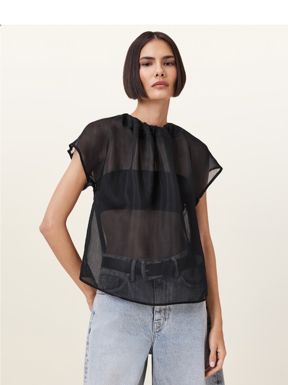 All Saints Black Sheer Gathered-Neck Cap Sleeve Blouse